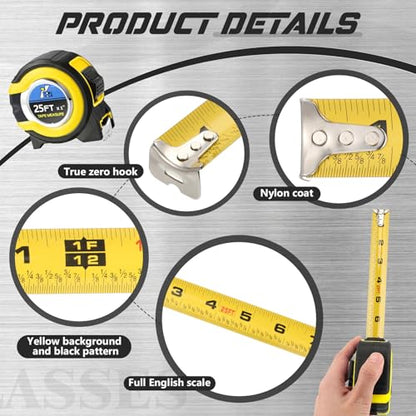 Youyole 10 Pack Tape Measure with Fractions 1/8 Steel Measuring Tape Retractable Easy Read Measurement Ruler Steel Power Blade (25 ft X 1 in,Yellow) - color: Yellow