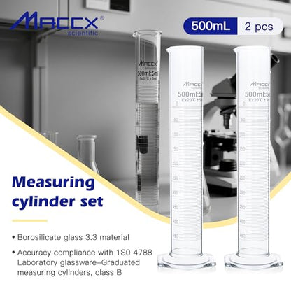 500ml Sturdy Glass Graduated Cylinder, 2PCS of Cap.500ml/±5.0ml Borosilicate 3.3 Glass Measuring Cylinders, Class B,MCG500-002 - size: 2PCS of Vol.500ml
