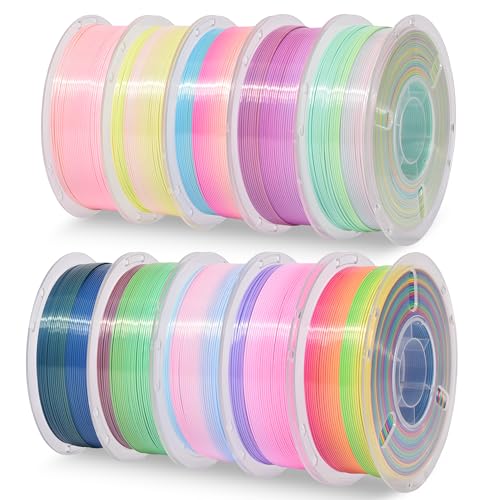 RAMBERY Silk Rainbow PLA 3D Printer Filament Bundle, 10 Colors Total 10kg, 1.75mm Multicolor Gradient 3D Printing Filament for Most FDM 3D Printers, 1KG Spool (2.2lbs) x 10 PCS - color: Silk Rainbow 10 Colors, size: 10KG