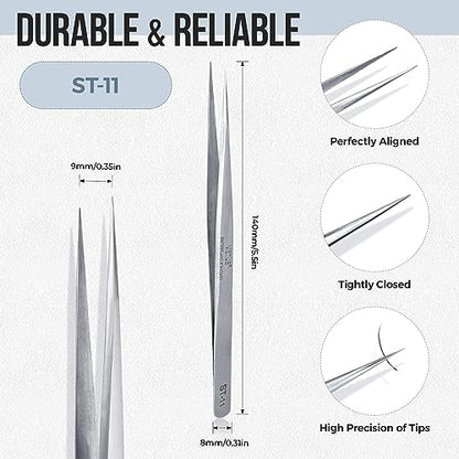 LASHVIEW Lash Tweezer, Vetus Straight Pointed Eyelash Tweezers for Profissional Grafting Eyelash Extension, Stainless Steel Needle Nose Tweezers for Lash Extension Stickers Precision Electronics, ST11 - size: ST11