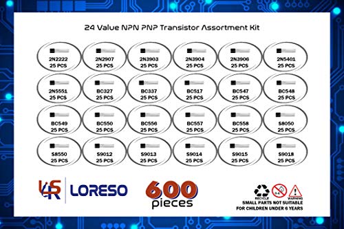 Transistor Assortment Kit Box By Loreso - 600 Piece 24 Value NPN PNP Transistor Box 2N2222 2N2907 BC327 BC337 BC556 2N3903 S9012 for Hobby Electronics, Audio-Video, Repair & Electronic Projects - style: Transistors