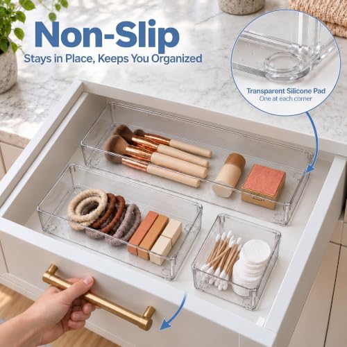 12 Pack Large Clear Drawer Organizer Trays, 3 Sizes, Non-Slip - size: 12 Pack
