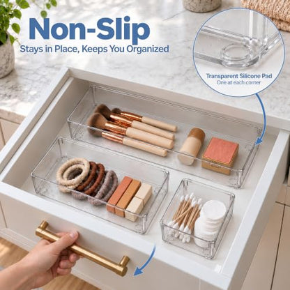 10 Pack Large Clear Drawer Organizer Trays, 3 Sizes, Non-Slip - size: 10 Pack