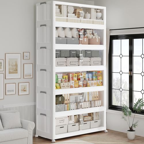 720QT Extra Large Stackable Storage Bins with Lid, 180Gal Plastic Closet Organizers and Storage Drawer, Collapsible Cabinet Box with Wheels Clear Doors for Home Kitchen Garage, 6Pack White - color: White, size: 120QT-6Pack