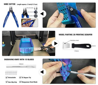 3D Printer Tools Kit with Tool Organizer Bag,3D Printing Essential Accessories, Nozzle Cleaning Kit, Deburring Tool & Scraper for 3D Printing Maintenance - Removing, Smoothing, and Finishing