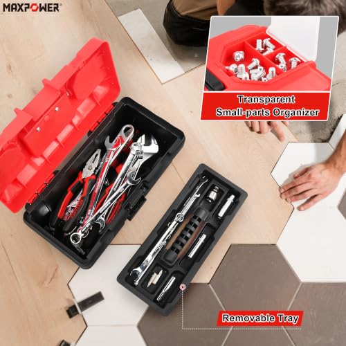 MAXPOWER Small Tool Box, 14-inch Plastic Tool Boxes with Handle - color: Red, size: 14”