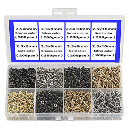 newlng 1600pcs Small Screws 2.5 * 6/8/10mm Phillips Flat Head Cross Self Tapping Tiny Screw Cabinet Electronic Accessories Multifunctional DIY Micro Woodworking Mini Screw Set Gold Black Silver - color: 2.5 Combination