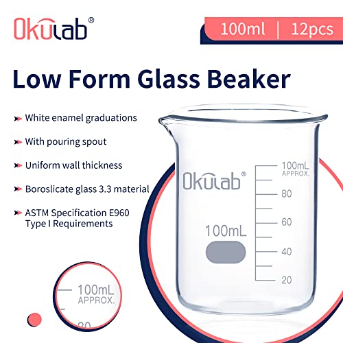 100mL Glass Beaker, Low Form, Graduated 3.3 Borosilicate Glass Beaker Set (case of 12) for Lab, Classroom, Craft, Kitchen, .BKLG100B12 - style: Vol.100ml, Case of 12