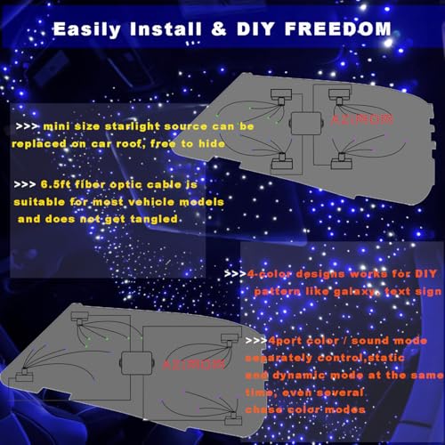 AZIMOM 4Color Split Starlight Headliner Kit 500pcs 0.03in 6.5ft, 2026 Updated Fiber Optic Light Sound-Activated APP& Remote Control Starlight Engine End Glow Fiber Strands - size: 500pcs*0.03in*6.5ft