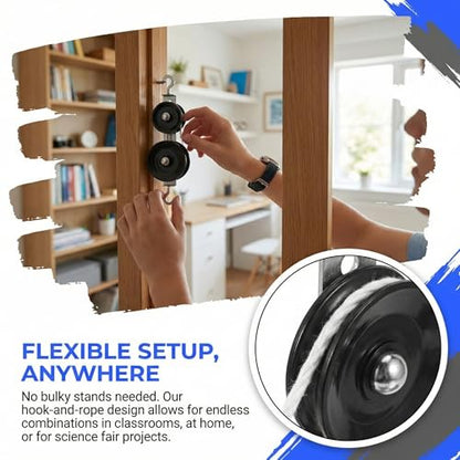 10-Piece Mechanics Pulley Block Set - Heavy Duty Metal Fixed & Movable Pulleys with Ropes, Hooks, STEM Physics Lab Science Kit & Simple Machines Teaching Equipment - size: 12.00X4.00X1.00CM