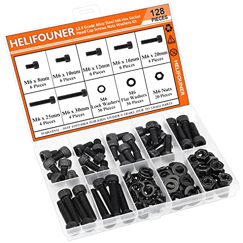 HELIFOUNER 128 Pieces M6 x 8mm /10mm /12mm /16mm /20mm /25mm /30mm, Hex Socket Head Cap Screws Bolts Washers Nuts Kit, 12.9 Grade Alloy Steel, Full Threaded, Black - size: M6, style: Socket Head
