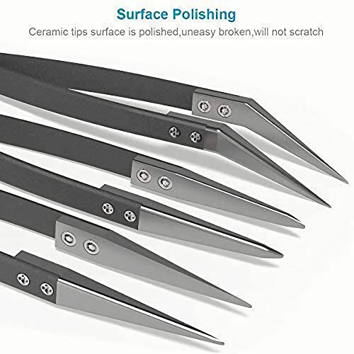 Black Ceramic Tweezers Set - Antistatic, Anticorrosion, Antimagnetic, Highly Heat Resistant up to 3000F (3 Pack) - Stainless Steel Handle - Zirconia Tips