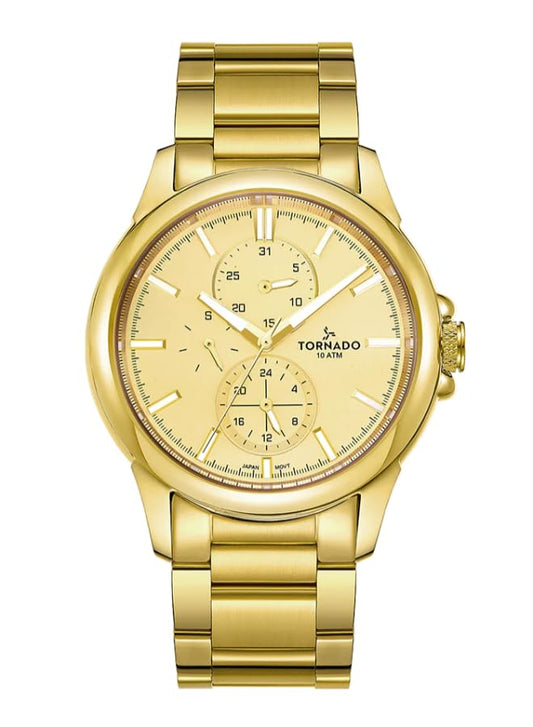 Tornado Celestia Elite Men’s Multi Function Watch | Beige Dial, Gold Case & Strap, 45mm, 10ATM - T6107-GBGC - color: Champagne