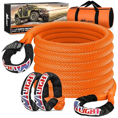Nilight Kinetic Recovery Tow Rope Kit with 2 Soft Shackle 1" x 30ft Heavy Duty Offroad Tow Rope Snatch Strap Towing Strap kit (33,000LBS) for UTV ATV SUV Truck Car Jeep Tractor - color: 1in x 30ft Rope + 2Pcs Shackles