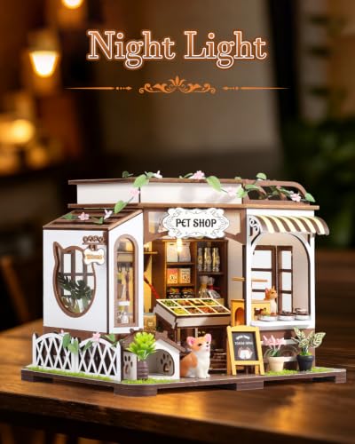 DIY Miniature House Kit, Pet Shop Book Nook Kit with LED Light, 3D Wooden Puzzle Bookshelf Decor Mini Model Building Kit, Birthday Gifts for Family & Friends - color: Pet Shop