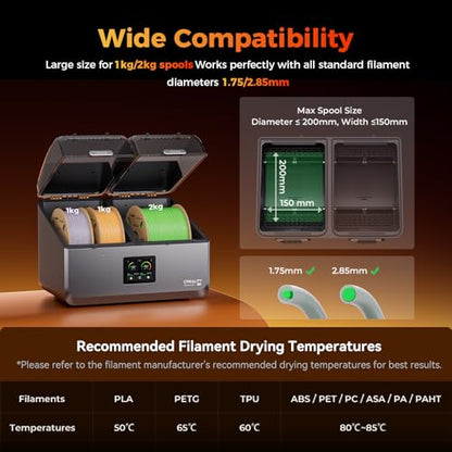 Creality Filament Dryer Box 4 Spool, SpacePi X4 3D Printer Filament Storage Box, Dual Independent Heating Chambers, Rapid Heating Up to 85℃, Active Dehumidification, for PLA,PETG,ABS,TPU,Nylon,etc - color: Dark Gray