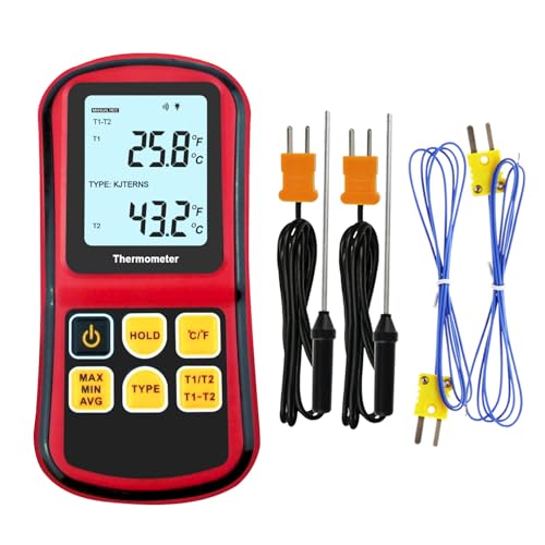 Thermocouple Thermometer Digital K Type Thermocouple,Dual Channel Thermocouple Tester(-238~3212℉) with 4 K-Type Thermocouples LCD Display Temperature Tester for K/J/T/E/R/S/N Type - color: Red