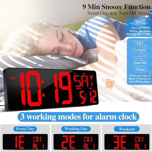 17.2"Large Digital Wall Clock Large Display with Remote Control 180°Visible - color: Red