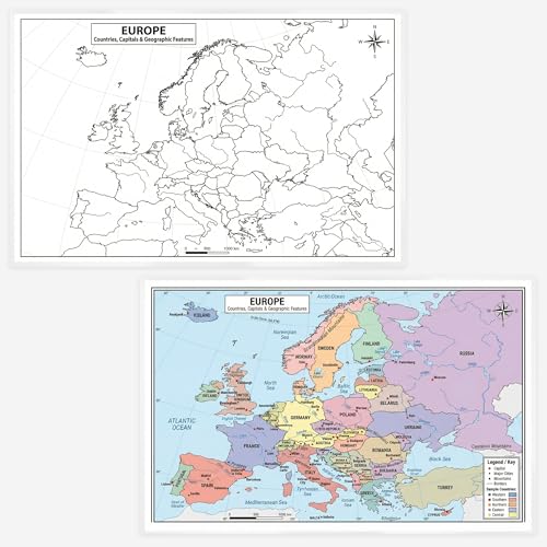 Europe Map 11x17 Laminated Dry Erase Geography Chart | Double-Sided with Color Front & Blank Outline Back | Reusable Classroom & Homeschool Tool - color: Europe