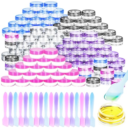 100 Pcs 3g Empty Plastic Containers with Lids,Tiny Makeup Sample Containers Small Pot Jars Clear Round Cosmetic Jars with 20 Pcs Mini Spatulas for Liquid Sample Powder Creams (Colored Lid) - color: Colored, size: 100PCS