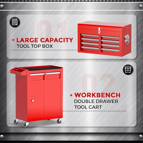 Oakcloud Heavy-Duty 5-Drawer Rolling Tool Chest & Cabinet Combo with Black Liner – Lockable Steel Garage Tool Box on Wheels – Detachable Top Toolbox & Bottom Storage Cart with Side Hooks, Red - color: Red, size: 5-drawer