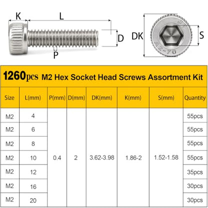 1260PCS M2 Socket Head Screws Assortment Kit, M2x4/6/8/10/12/16/20 mm - size: SS M2 1260pcs