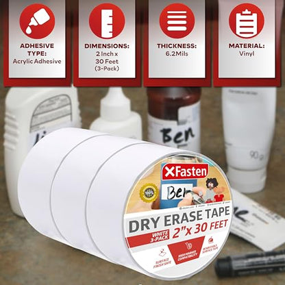 XFasten Dry Erase Tape White 2-Inch x 30-Feet (3-Pack 90 Feet Total) Zero Smudging Ghosting-Free Whiteboard Tape, Reusable Dry Erase Labels for Storage Bins, Sentence Strips for Teachers - size: 2-Inch x 30-Feet (3-Pack, 90 Feet Total)
