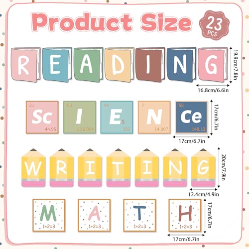 23 Pcs Core Subjects Bulletin Board Decorations Science Reading Math Writing Banner Reading Bulletin Board Poster Boho Subject Label Cutouts for Back to School Classroom Decoration Teacher Wall Decor