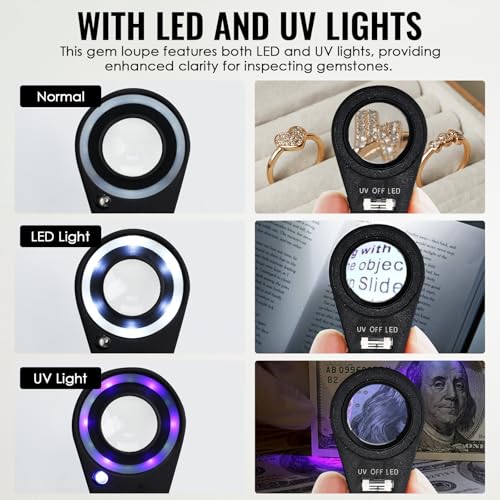 20x Foldable Pocket Magnifier Jewelers Loupe with UV and LED Light for Jewelry, Rocks, Coins, and Antiques - Illuminated Magnifying Tool for Eye, Stamps, Watches, Hobbies, and Gems - color: 20x Magnification