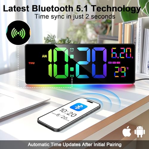 16" Bluetooth Digital Wall Clock - Auto Time Sync, 10 RGB Colors - color: Rgb