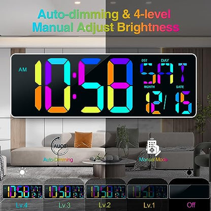 17.2" Large Digital Wall Clock 10 RGB Colors 9 Group Timer Remote Control - color: White Shell&rgb