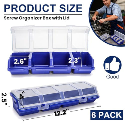 Tlence 6 Pack Screw Organizer Box with Lid, 4 Compartments Small Parts Bins, Plastic Hardware Storage Containers, Nails Sorting Divider Toolbox Case for Garage Nuts Bolts Craft Organizing