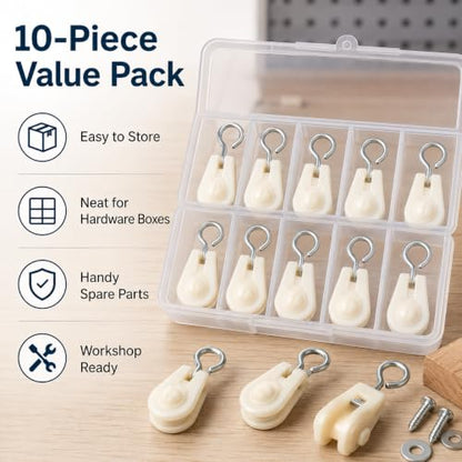 10Pcs White Nylon Mini Pulley Set, Plastic Wire Rope Pulley Wheels, Lightweight Clothesline Pulley Kit