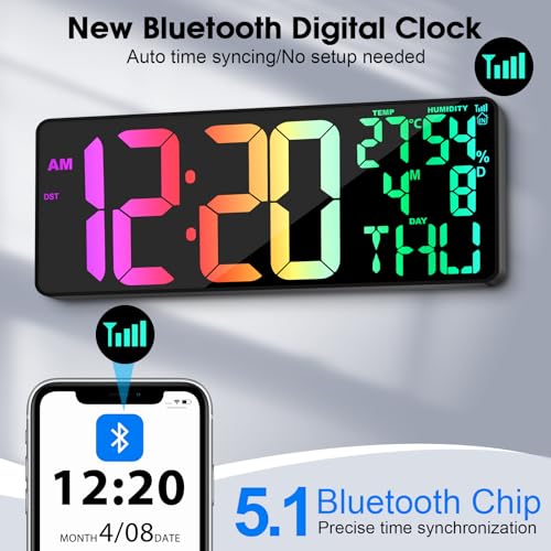 11 RGB Color Changes Large Digital Wall Clock/Bluetooth Auto Time Sync, Remote-Controlled Digital Wall Clock Large Display with Alarm/Timer Function, DST, Indoor Temperature/Humidity Display (18 inch) - color: Rgb Color Change