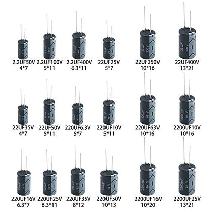 Electrolytic Capacitors 2.2uF 22uF 220uF 2200uF 6.3V 10V 16V 25V 50V 63V 100V 250V 400V Used in Toys Home Appliances Smart Meters Lighting Audio18Value 300Pcs XUANSN Capacitor Kit