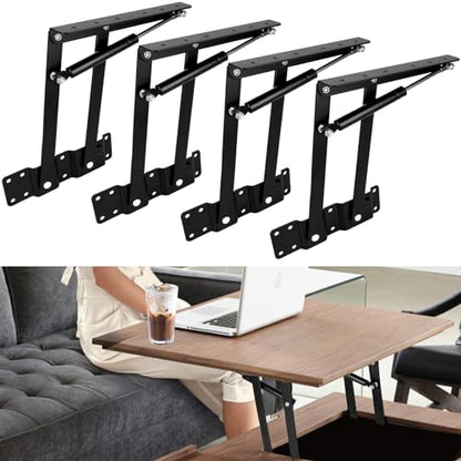 4PCS Coffee Table Lift Top Hardware, Heavy Duty Lift Up Hinges with Hydraulic Gas Spring, DIY Furniture Lifting Mechanism for Living Room Storage, Black 2.0mm Thick Iron (2 Pairs)
