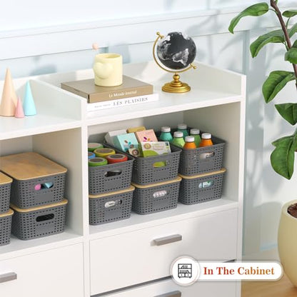 Ohmlove 6 Pack Plastic Storage Baskets with Bamboo Lids for Organization - color: Gray
