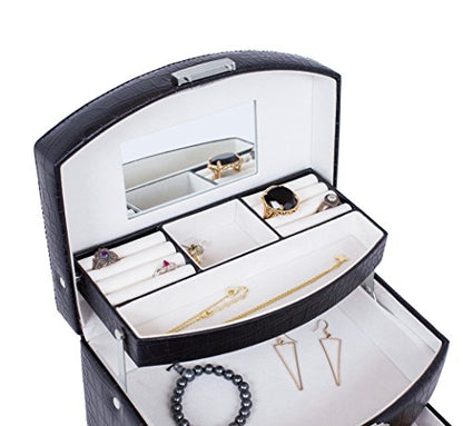 Internet's Best Faux Leather 3-Tier Jewelry Case | Slide Open Jewelry Box | Multi Compartment for Rings, Earings, Necklaces & Bracelets | Interior Mirror | Black