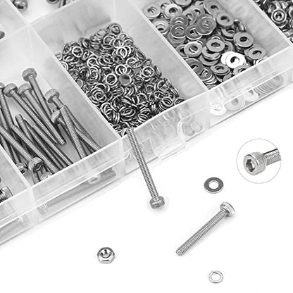 HELIFOUNER 560 Pieces M2 x 4mm /6mm /8mm /10mm /12mm /16mm /20mm, Hex Socket Head Cap Screws Bolts Washers Nuts Kit, 304 Stainless Steel - size: M2, style: Hex Socket Head Cap