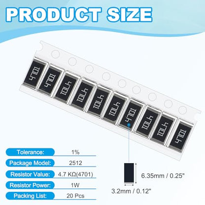 PATIKIL 2512 Surface Mount Device Chip Resistor Kit, 20Pcs 4.7K Ohm 1% Tolerance 1W DIY Resistor Ceramic Resistance Assortment Kits for Electronic Products - style: 4.7K Ohm