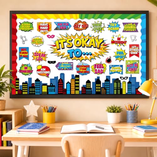 Hero Themed Mental Health Bulletin Board Set Motivational Classroom Decor It's Okay to Inspirational Affirmation Super Themed Cutouts for Back to School Party Classroom Home Chalkboard Wall Door Decor - style: It's Okay to