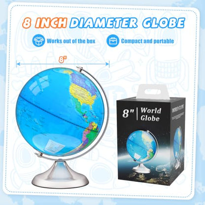 8" World Globe for Kids & Adults with Stable Heavy Metal Base