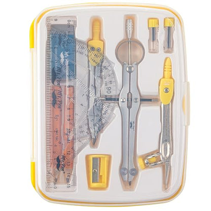 Mr. Pen- Geometry Set, 13 pcs, 3 Metal Compasses, Protractor, 6" Ruler | 45° & 30°/60° Set Squares, Pencils, Lead Refills, Sharpener & Eraser for Math, Drafting & Classroom Use - color: Yellow