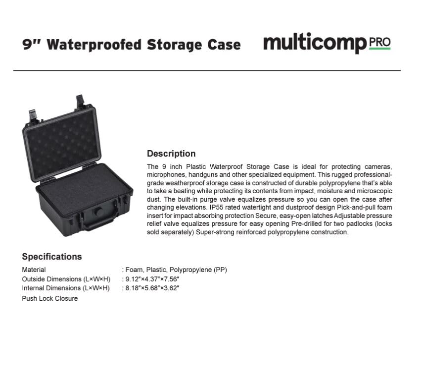 multicomp PRO Weatherproof Storage Case, 4.37" Width x 7.56" Height, 9.12" Depth, Plastic, Black