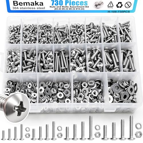 730Pcs Machine Screws Nuts and Bolts Assortment Kit, 304 Stainless Steel Bolts 16 Sizes #4-40#6-32#8-32#10-24 Phillips Pan Head Hardware Screws Assortment Kit with Nuts and Washers - size: SS #4 #6 #8 #10