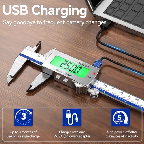 Preciva Backlight Digital Caliper, 6 Inch Rechargeable Electronic Micrometer with IP54 Waterproof and Large LCD Screen Conversions for in/MM/F Precision Measuring Tool for DIY/Professional Use - color: Blue
