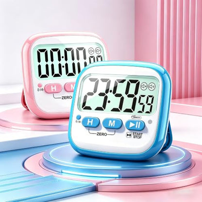 Antonki 2 Pack Classroom Timers for Kids Teachers, Magnetic Countdown Digital Kitchen Timer for Cooking, Study, Exercise, Games, Time Mangement - Loud/Silent Mode - Battery Included - color: Sky Blue & Pink