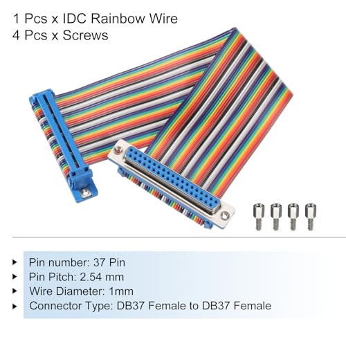 MECCANIXITY IDC Rainbow Wire Flat Ribbon Cable DB37 Female to DB37 Female 8 Inch Length 2.54mm Pitch Breadboard Jumper Wires for Electronic Projects - size: 8 Inch, style: DB37 Female to DB37 Female