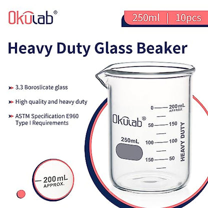 Glass Beakers, Heavy Duty, with Double Scale Printed Graduation. 10pcs of Vol.250ml, HBKG250B10 - style: 10pcs of 250ml