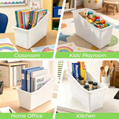 12 Pack Book Bins for Classroom Stackable Plastic Storage with Labels - color: White